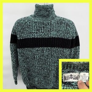 Vintage 80s Best World Chunky Knit Turtleneck Sweater Mens Medium Teal Black